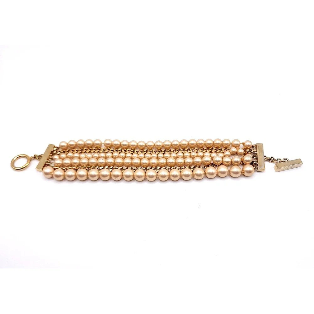 Givenchy Gold Tone Curb Chain Faux Pearl Multi Strand Bracelet 7.5in